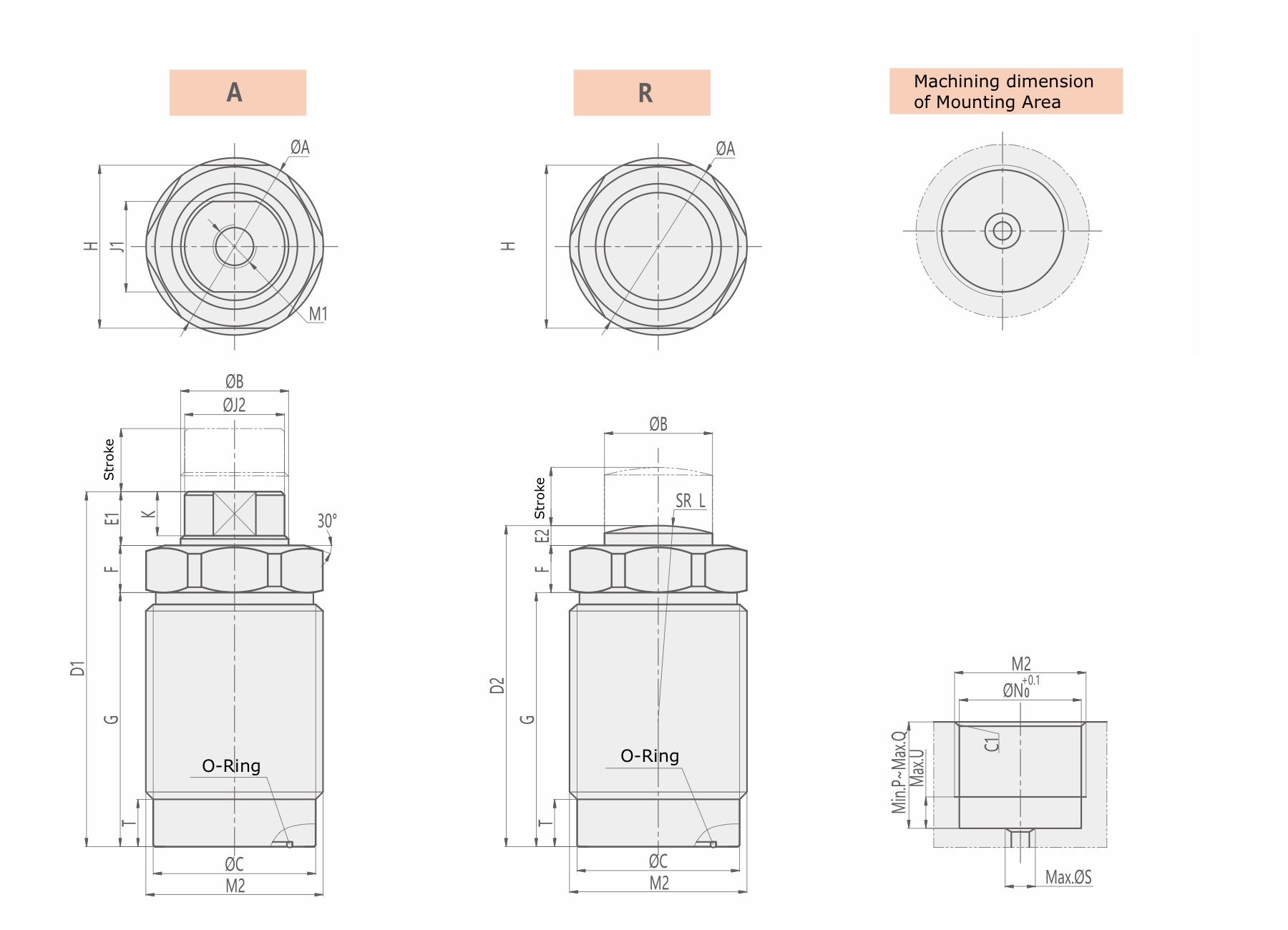 CTC-P Technical Drawing Hydraulic Threaded Body Cylinder, Clamp Cylinder, Push Cylinder