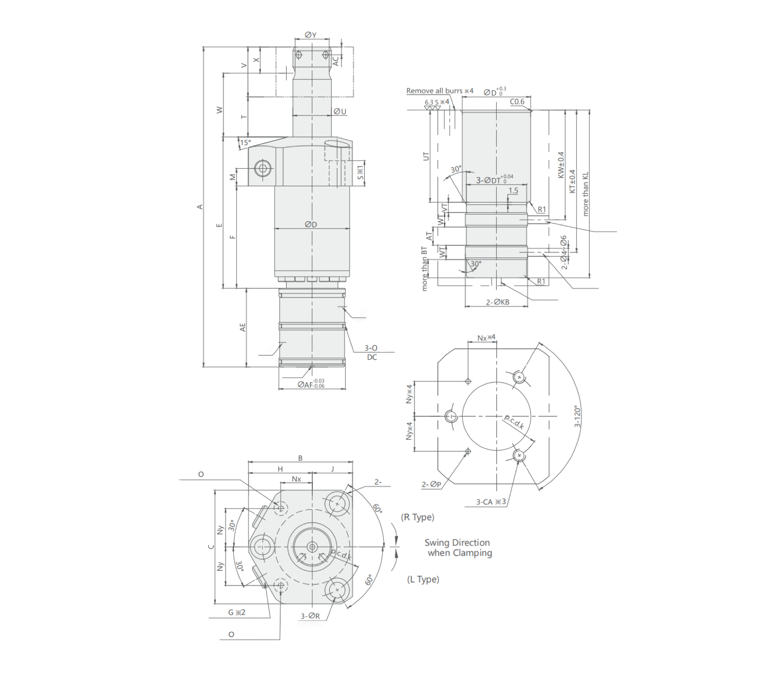 CTLA-M Hochdruck-Hydraulischer Schwenkspanner technische Zeichnung und Maßtabelle