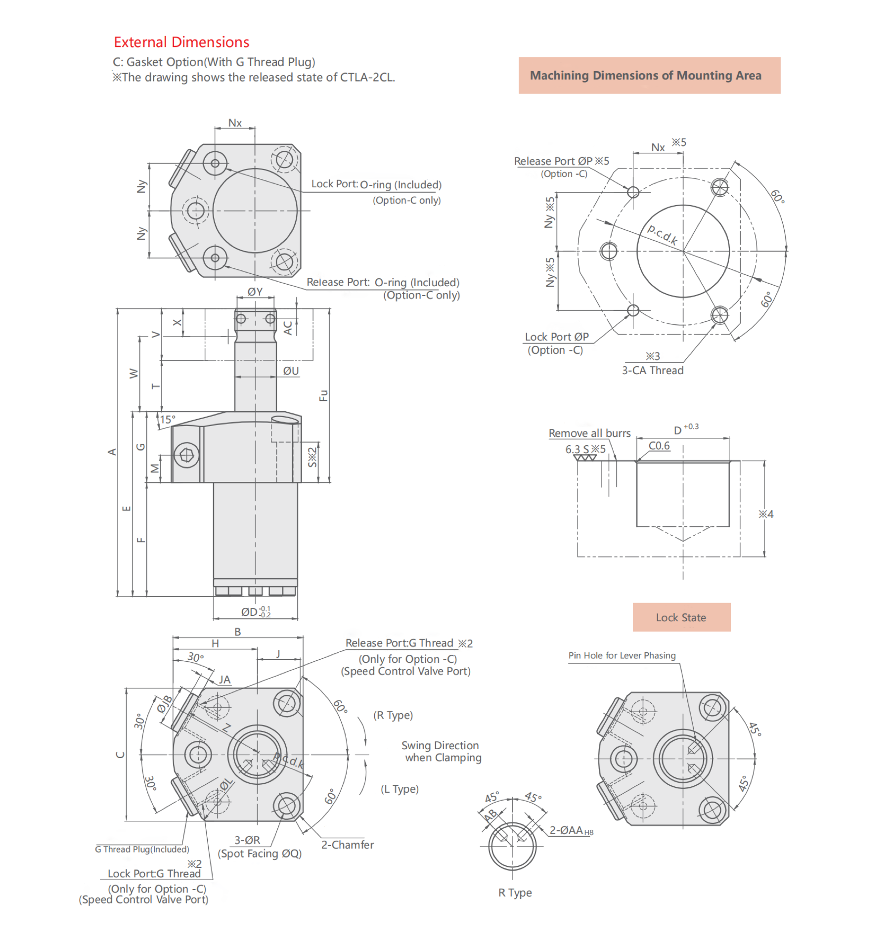 CTLA Hochdruck-Hydraulischer Schwenkspanner technische Zeichnung