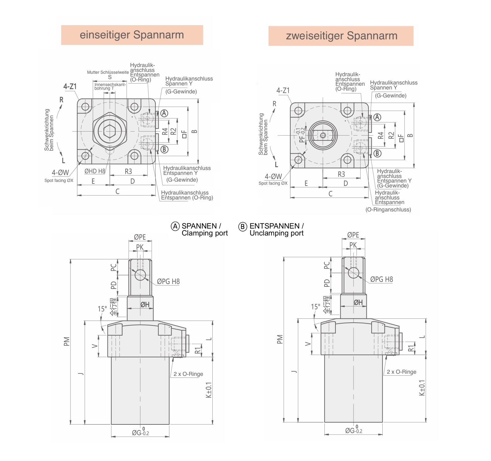 HCA-P Technische Zeichnung Hydraulischer Schwenkspanner - Maßangaben in mm