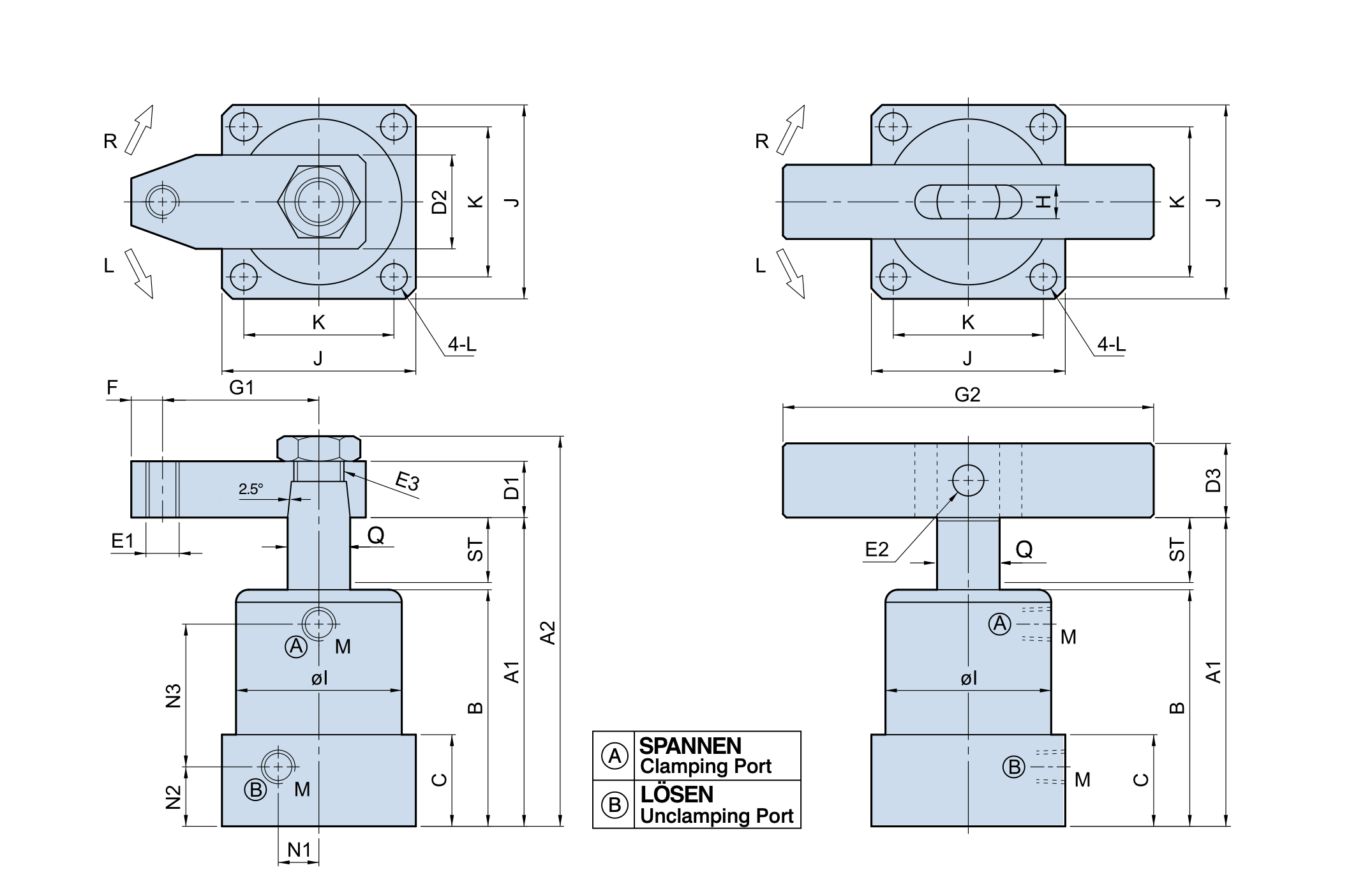 HSC Zeichnung Rohrleitungsanschluss Hydraulischer Schwenkspannzylinder