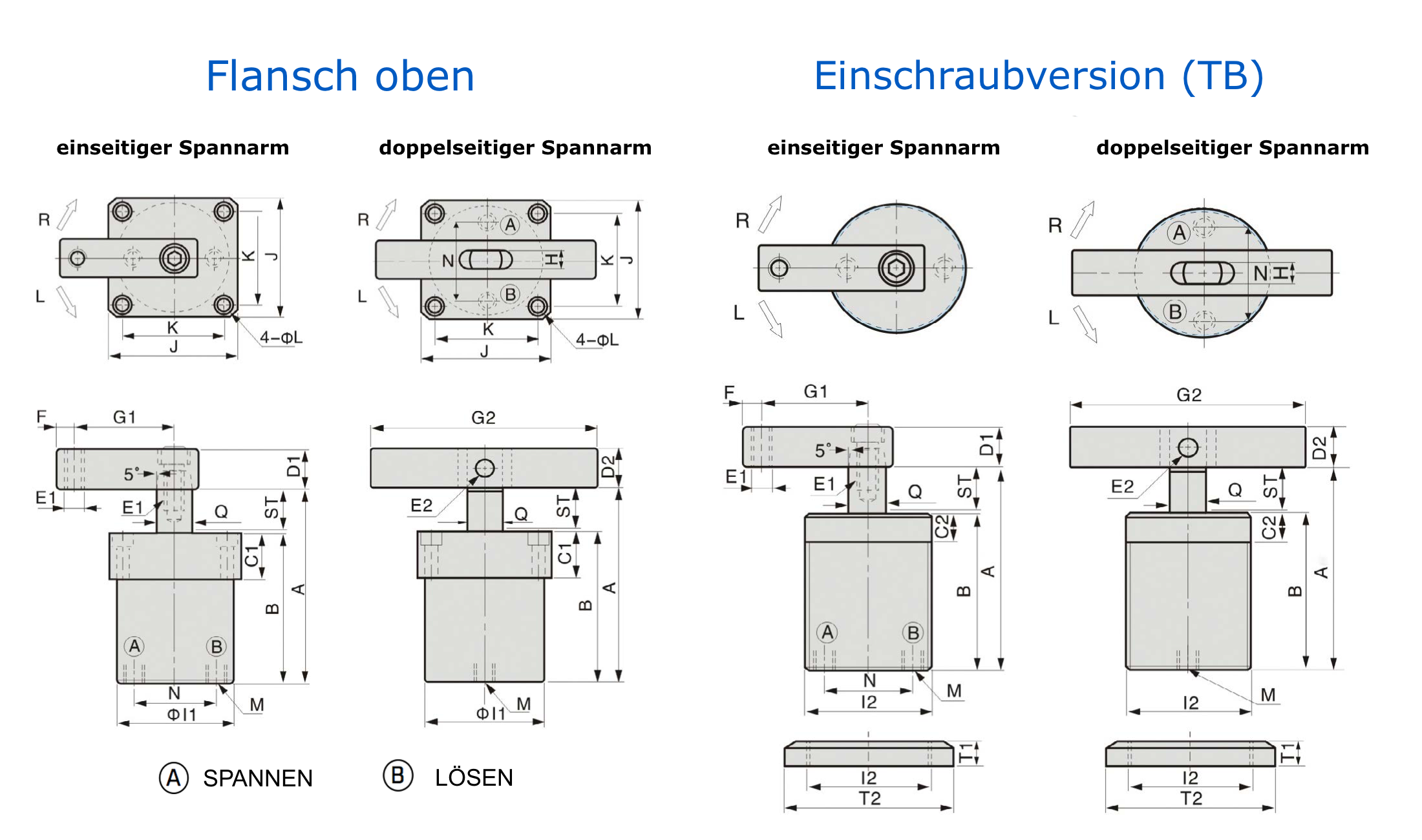 ASC-FA und ASC-TB Technische Zeichnung Pneumatischer Schwenkspanner Flansch oben Oberflansch und Einschraubversion