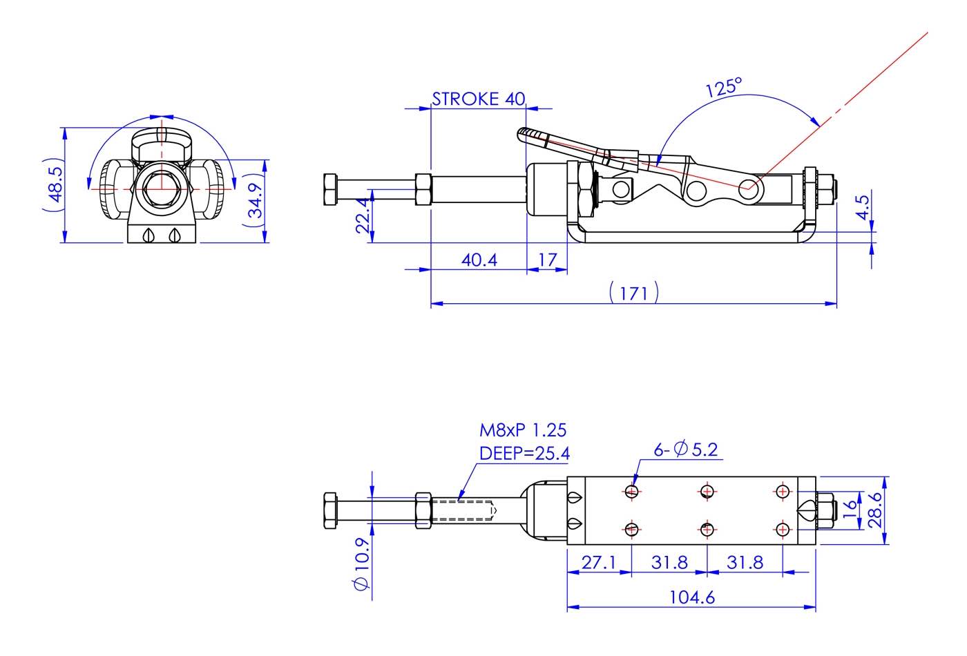 GH-36080 Schubstangenspanner waagrecht mit 80mm langem Hub 3050N Technische Zeichnung