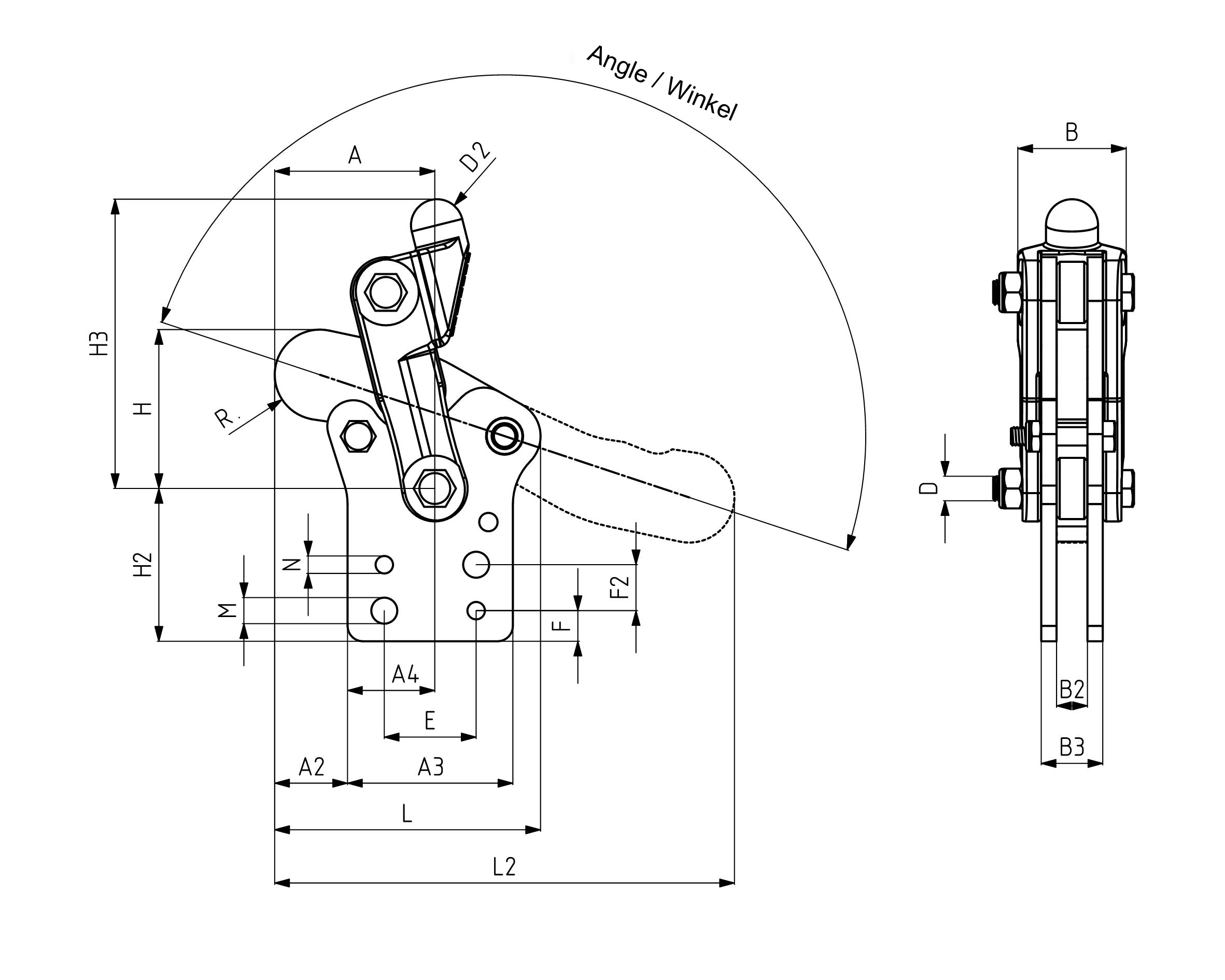 222 Schweißbarer Modulspanner mit fixiertem senkrechtem Fuß Technische Zeichnung