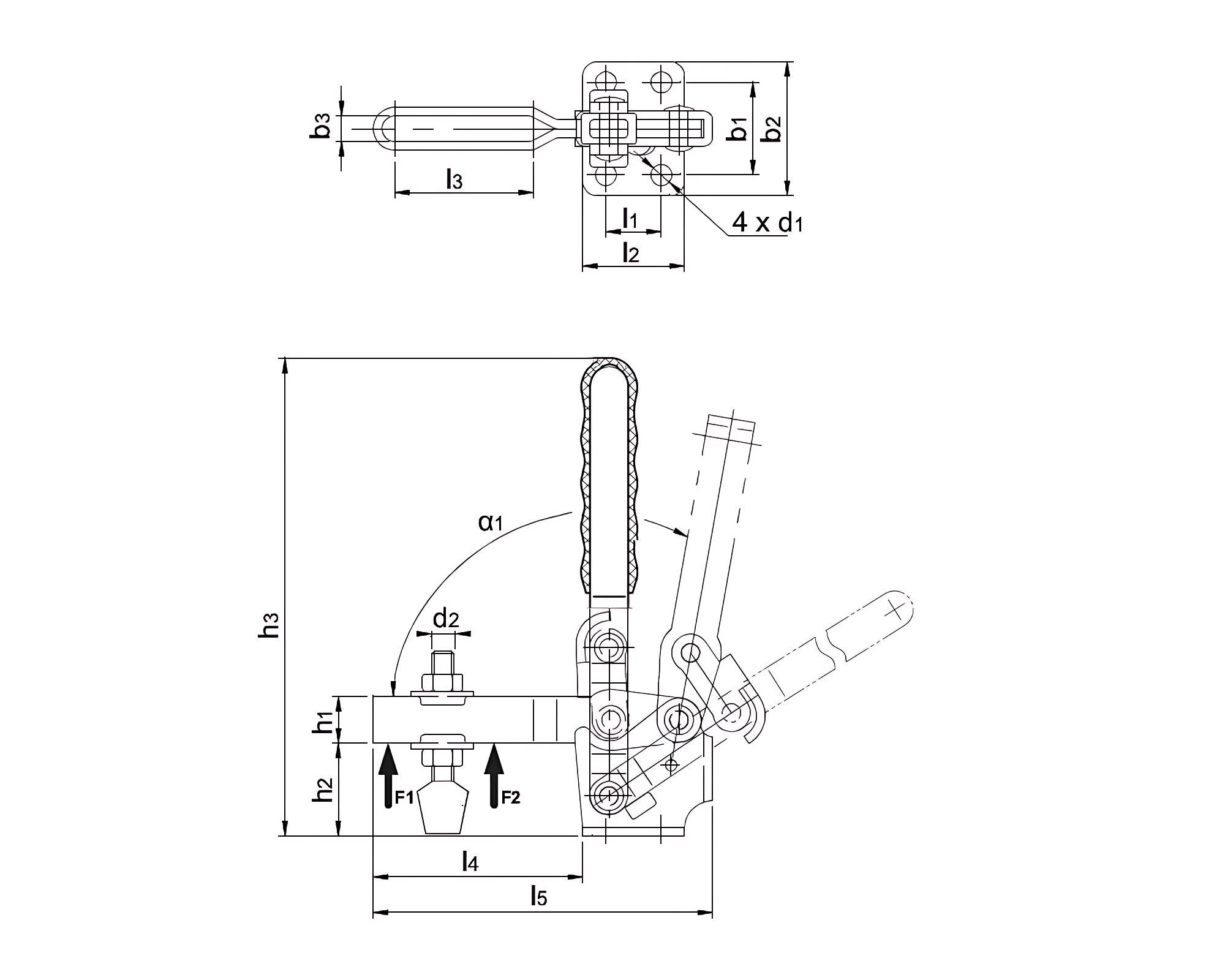DST-211 Senkrechtspanner mit waagrechtem Fuß und U-Spannarm Technische Zeichnung