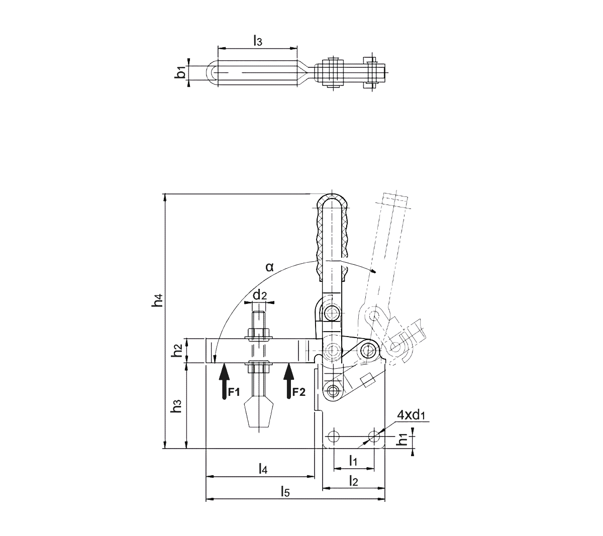 DST-112 Senkrechtspanner mit senkrechtem Fuß und U-Spannarm Technische Zeichnung