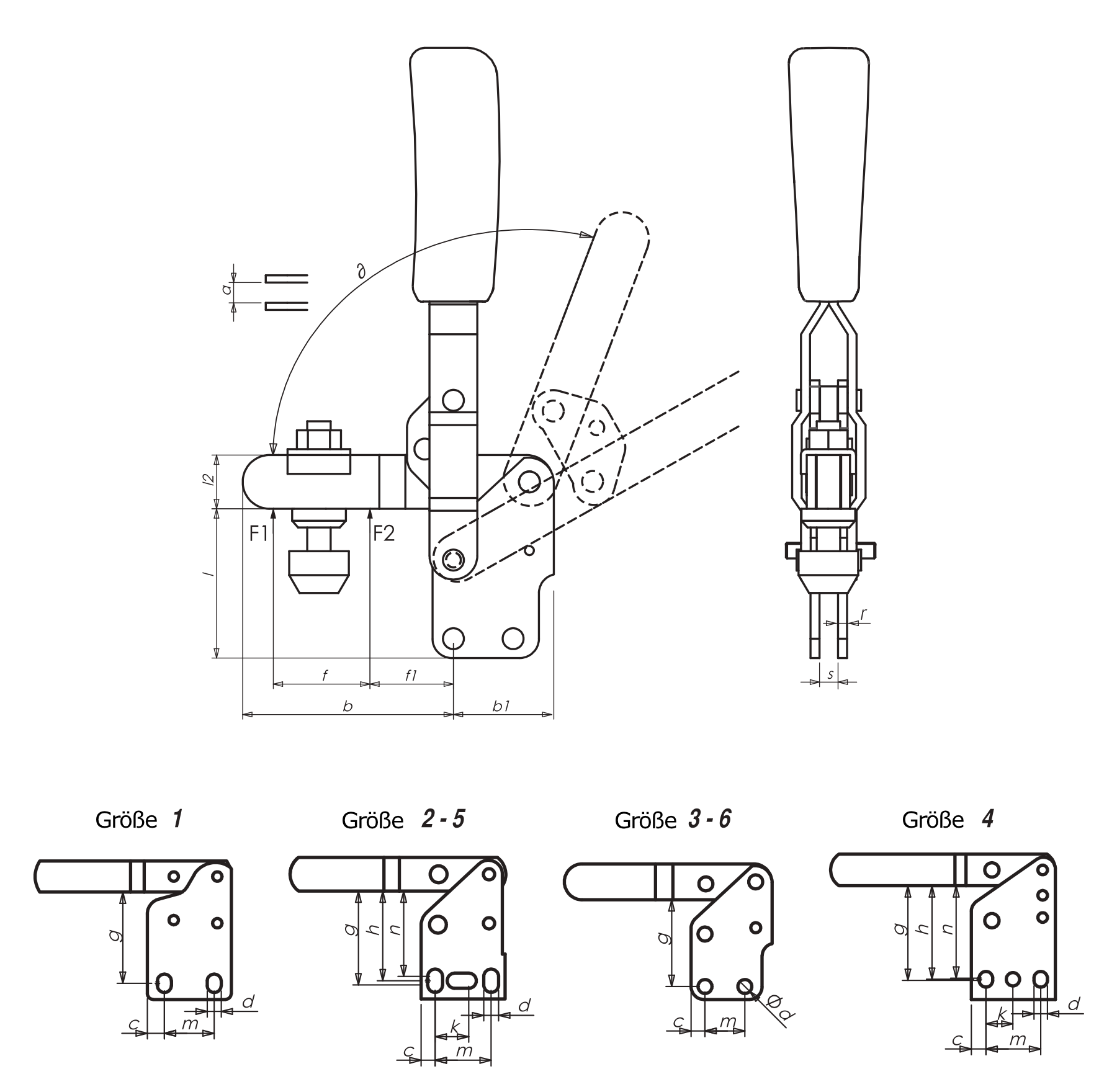 M11 Senkrechtspanner mit senkrechtem Fuß und offenem Haltearm Technische Zeichnung