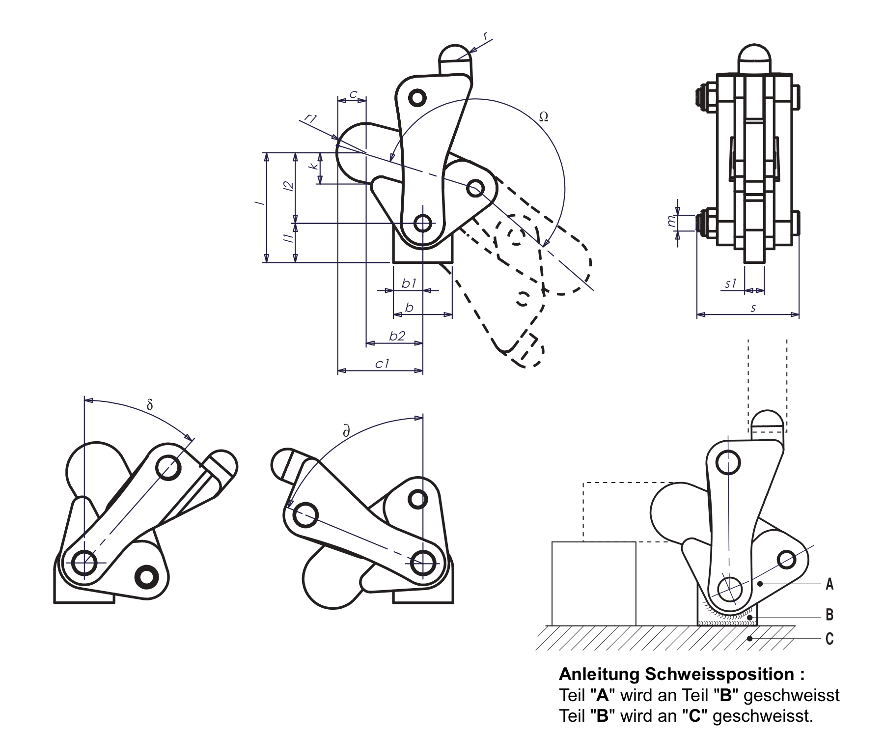 M30 Modulspanner schweissbar mit Schwenkfuss Technische Zeichnung