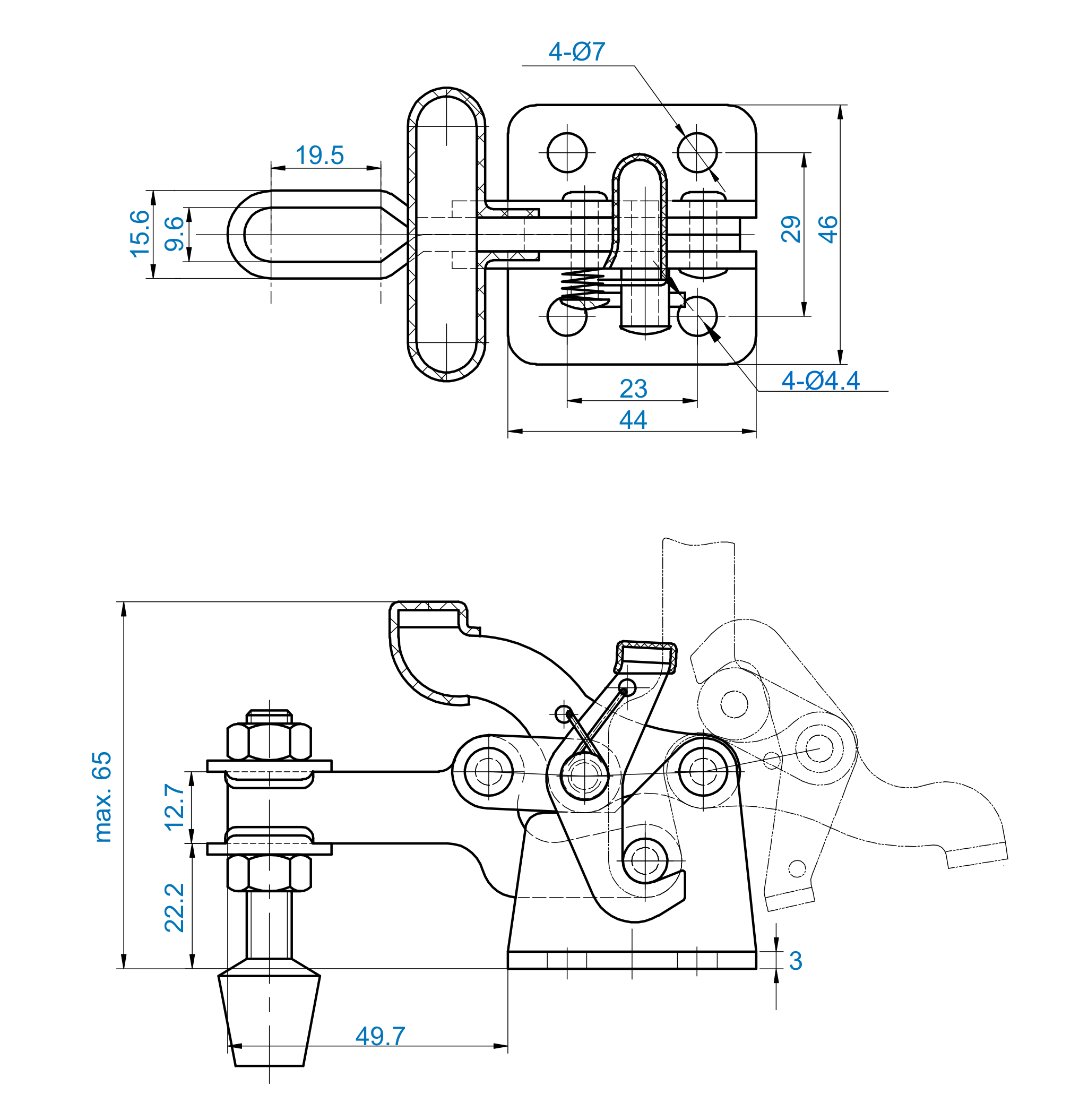 DST-13007-T Technische Zeichnung Waagrechtspanner Kompakte Bauform mit Sicherheitsverriegelung 1500N