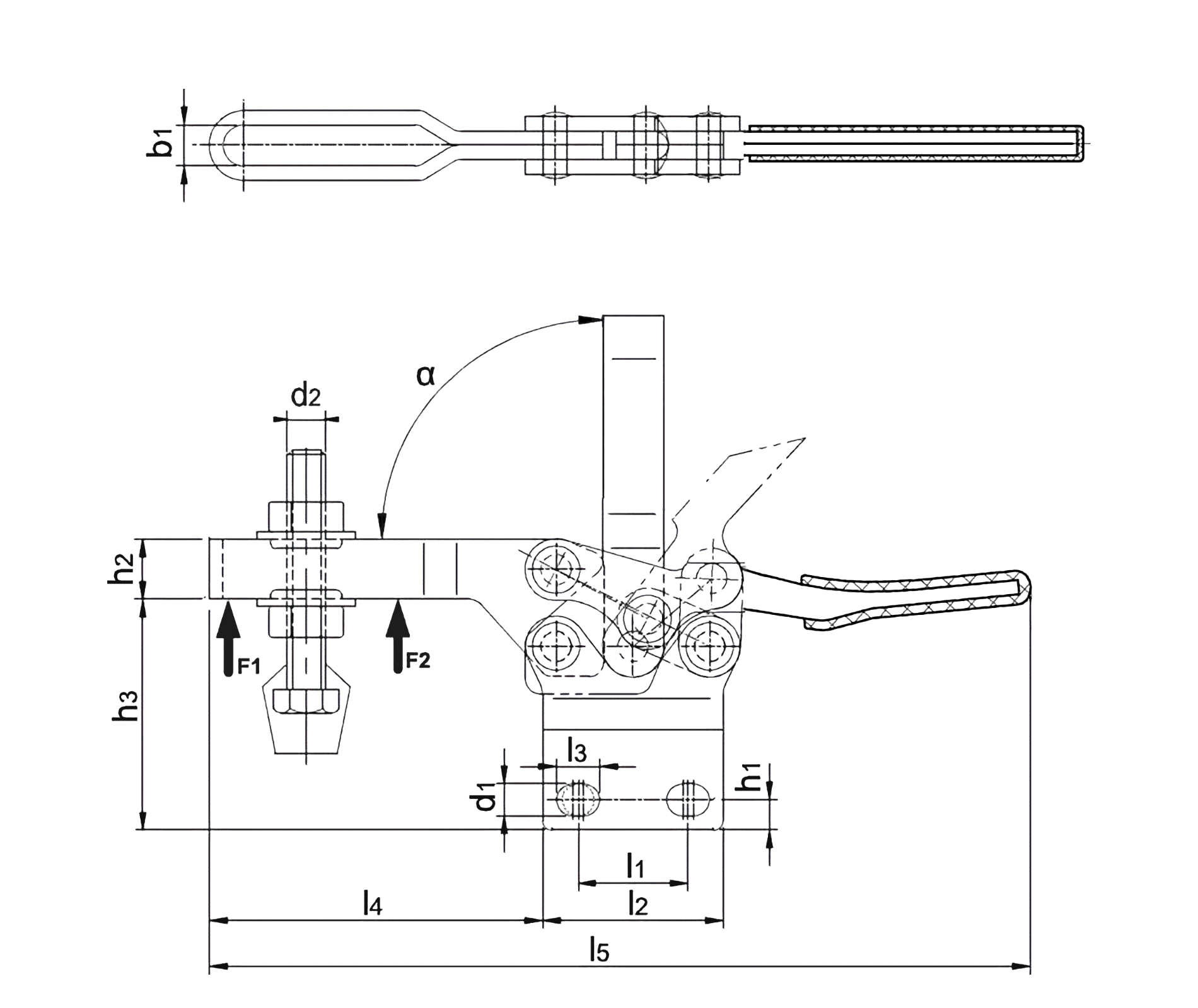 DST-212 Waagrechtspanner mit senkrechtem Fuß und U-Spannarm Technische Zeichnung