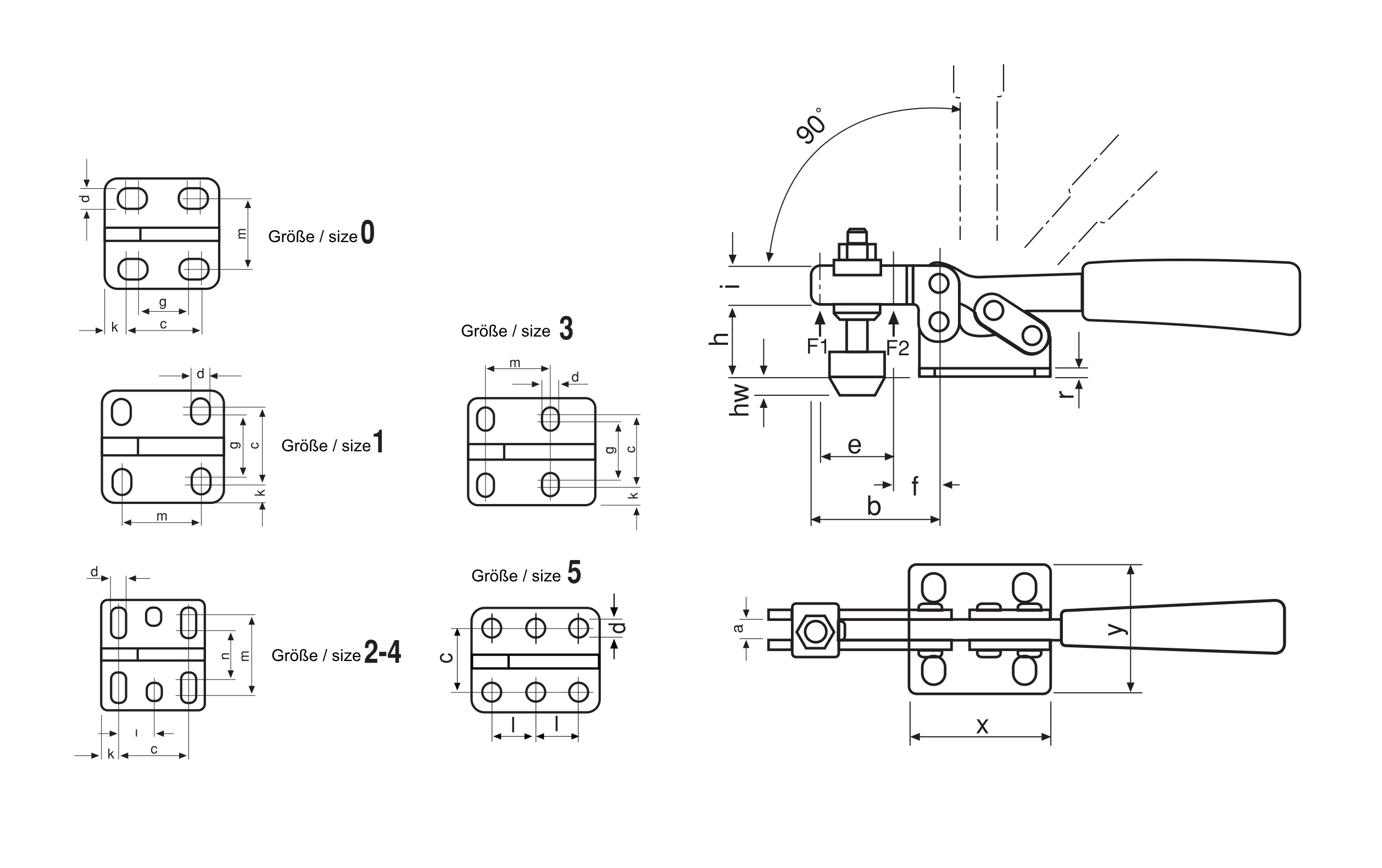 M20 Waagrechtspanner mit waagrechtem Fuß und offenem Haltearm Technische Zeichnung