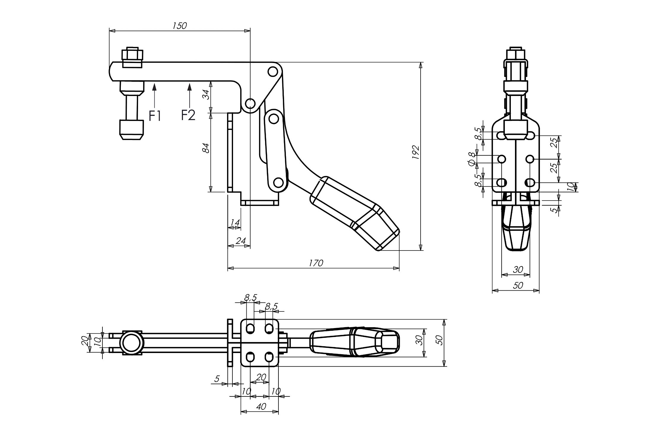 M25 Waagrechtspanner mit Winkelfuß und langem offenem Haltearm Technische Zeichnung